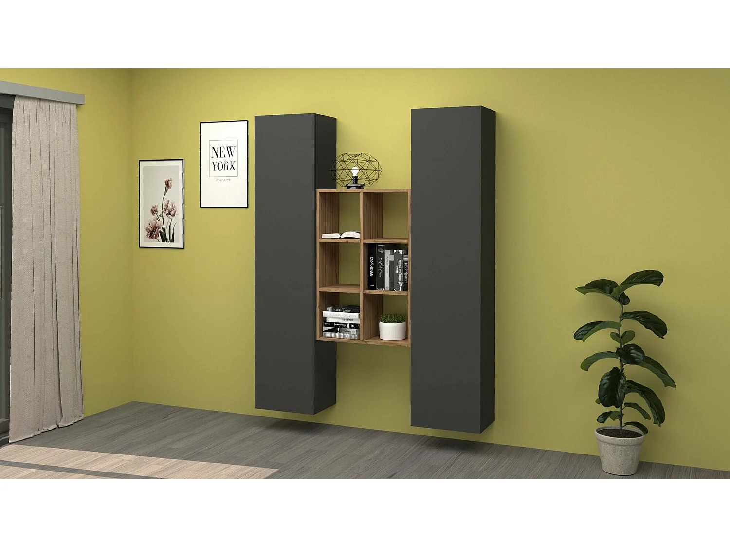 Kommode Franco, Wohnzimmer-Set mit 2 Türen und Regalen, Wohnzimmer-Buffet, Küchen-Sideboard, 100% Made in Italy, cm 140x30h180, Anthrazit und Ahorn