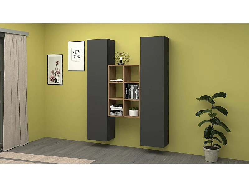 Kommode Franco, Wohnzimmer-Set mit 2 Türen und Regalen, Wohnzimmer-Buffet, Küchen-Sideboard, 100% Made in Italy, cm 140x30h180, Anthrazit und Ahorn