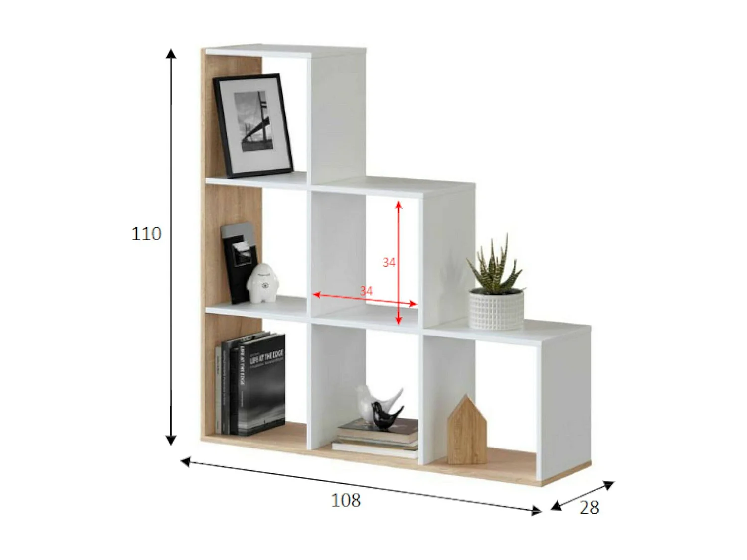 Estante Dbarth, Estante dupla face com 6 compartimentos, Prateleira divisória para escritório, 108x28h110 cm, Branco e Carvalho