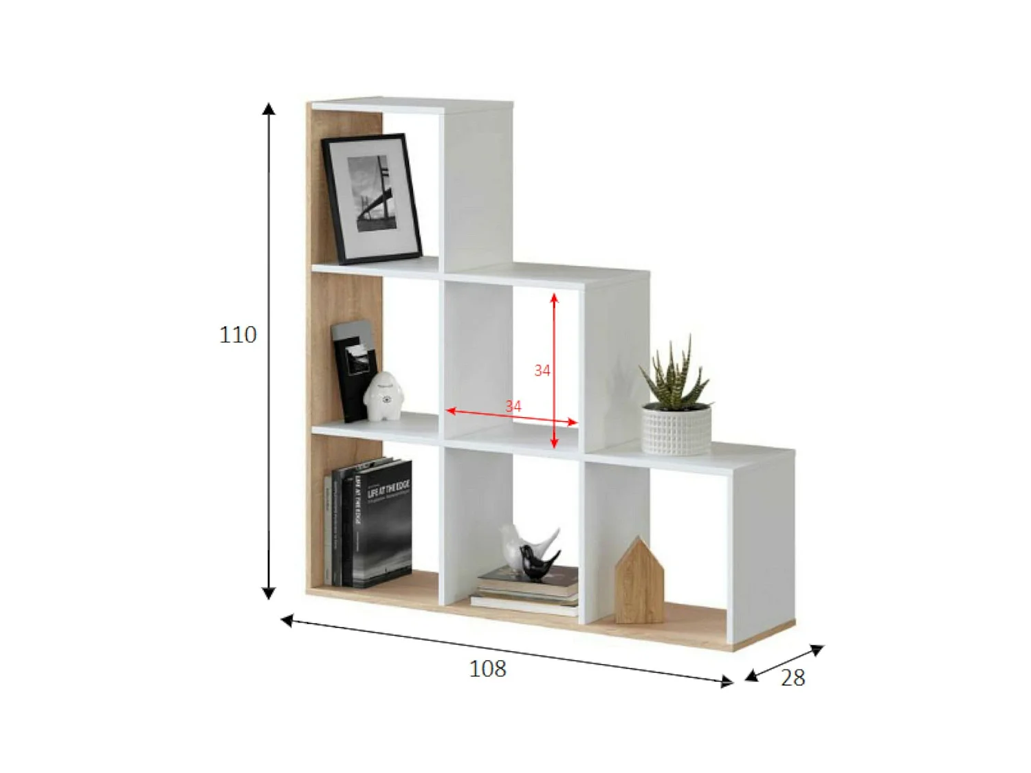 Bibliothèque Dbarth, Bibliothèque double face avec 6 compartiments, Etagère de séparation de bureau, 108x28h110 cm, Blanc et Chêne