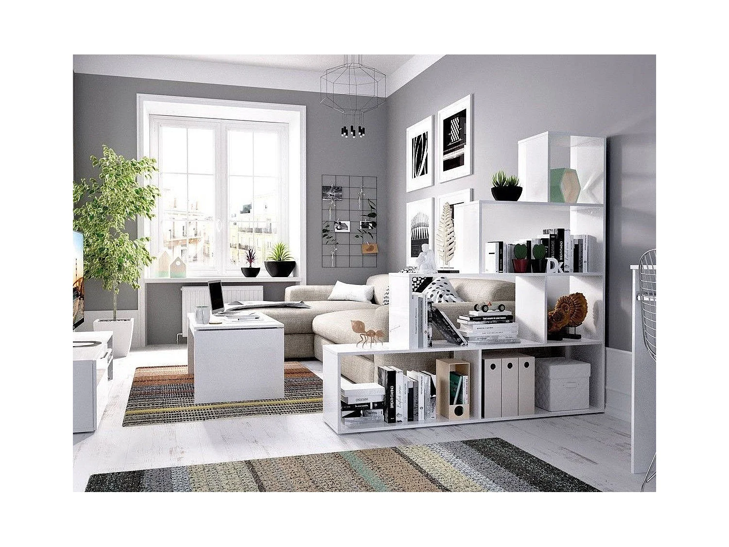 Buchhandlung Dmorr, Doppelseitiges Bücherregal mit 6 Einlegeböden, Trennregal mit Bürofächern, 145x29h145 cm, Glänzend WeiÃŸ