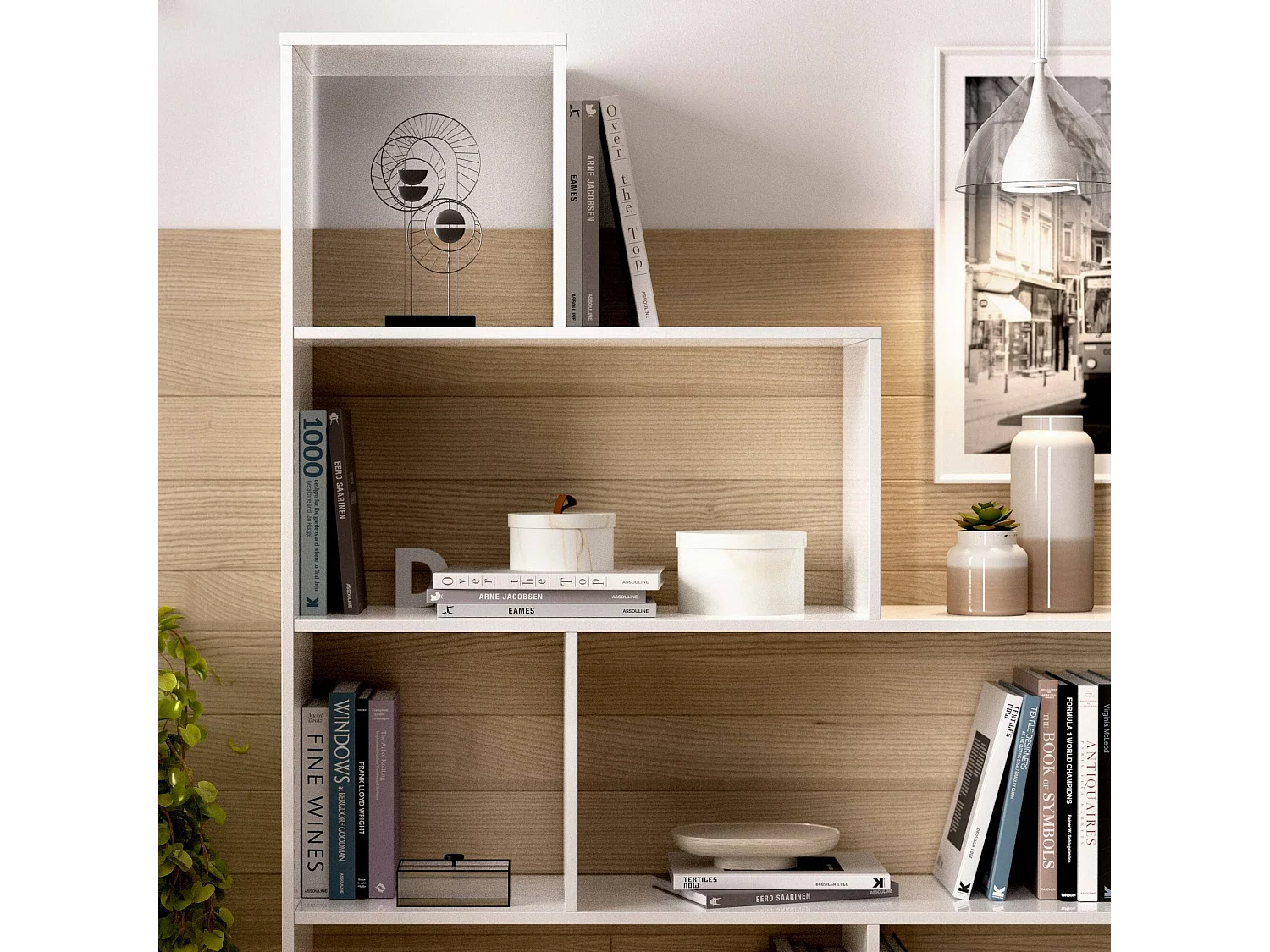 Buchhandlung Dmorr, Doppelseitiges Bücherregal mit 6 Einlegeböden, Trennregal mit Bürofächern, 145x29h145 cm, Glänzend WeiÃŸ