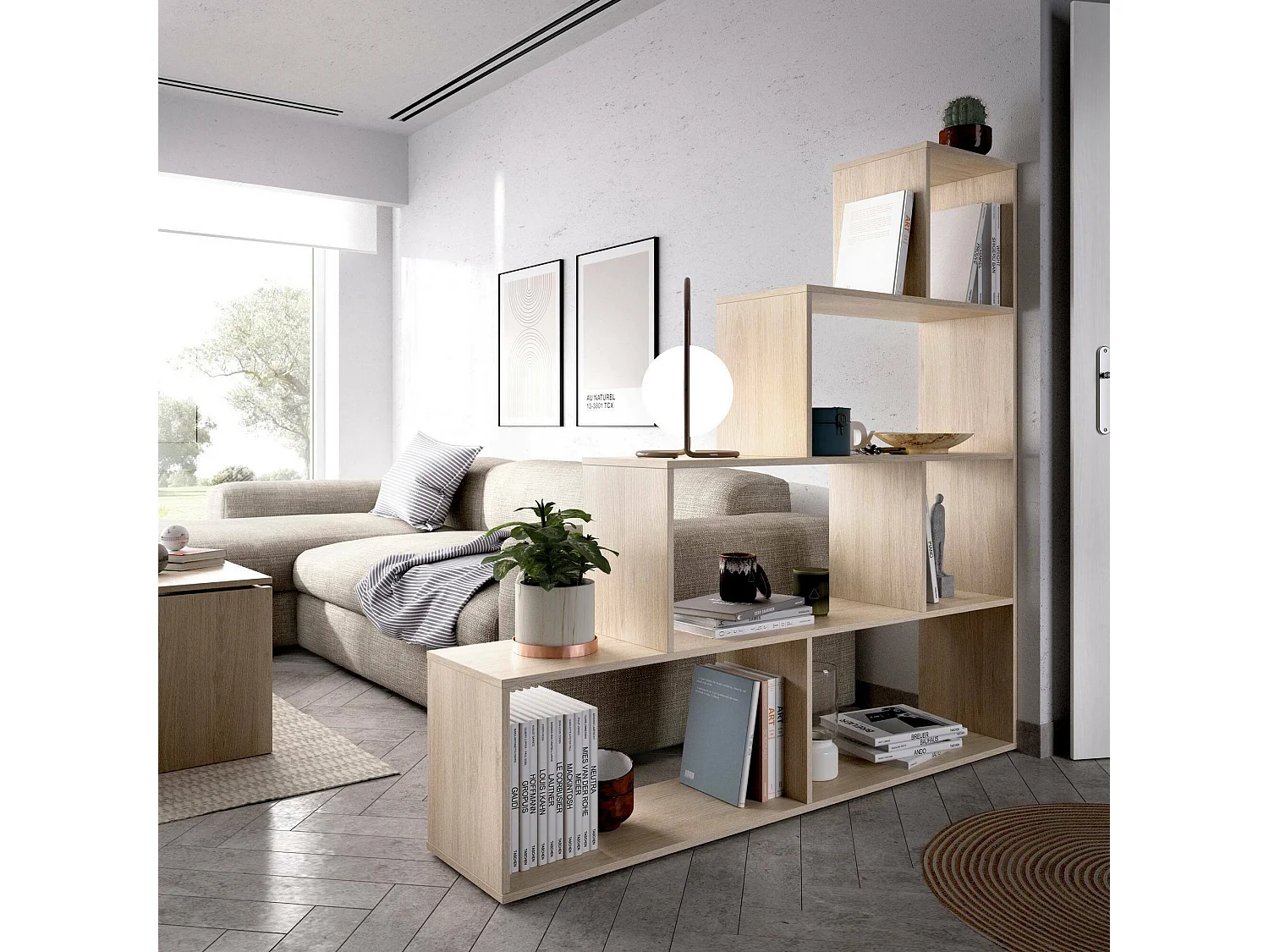 Bücherregal Dmorr, Doppelseitiges Bücherregal mit 6 Einlegeböden, Trennregal mit Bürofächern, 145x29h145 cm, Eiche