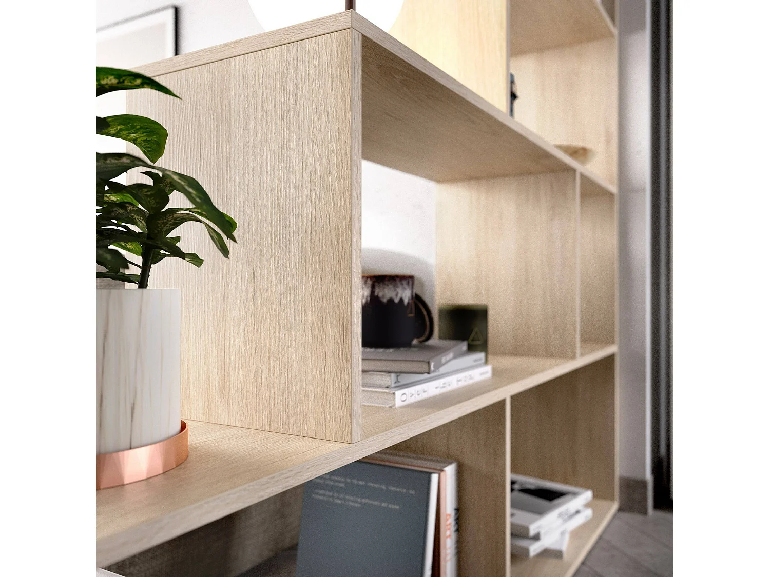 Bücherregal Dmorr, Doppelseitiges Bücherregal mit 6 Einlegeböden, Trennregal mit Bürofächern, 145x29h145 cm, Eiche