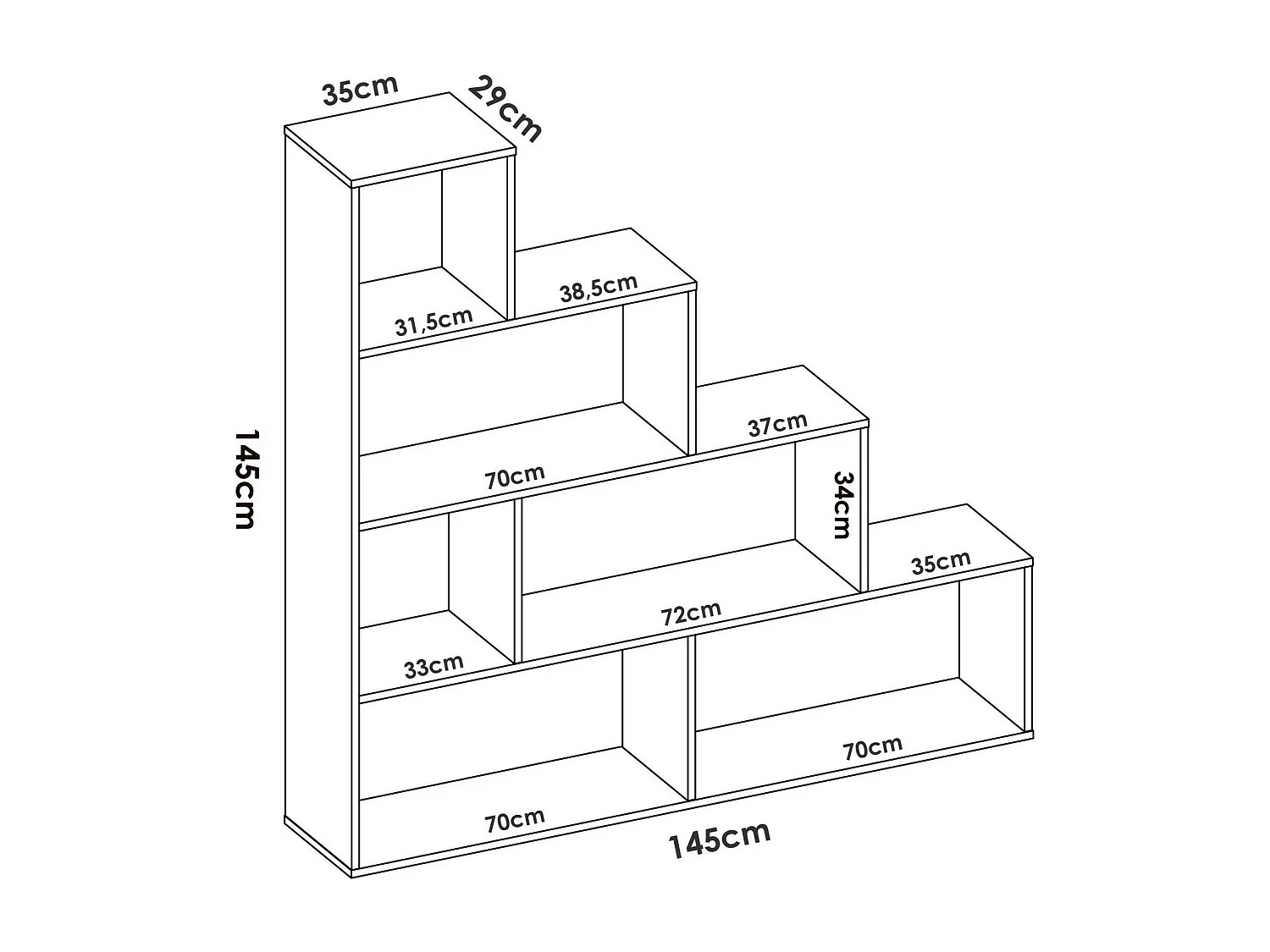 Dleverb boekenkast, Multifunctionele kantoorplank, Boekenkast met 6 planken, 145x29h145 cm, Wit