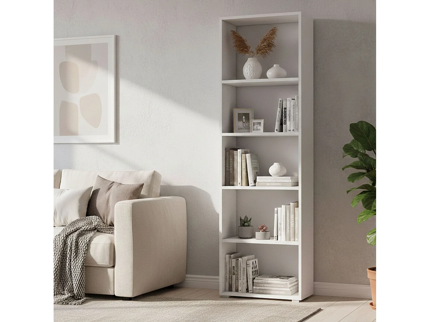 Dedjoum boekenkast, Bibliotheek met 4 verstelbare planken, Boekenplank, Bovenkast met planken, 100% Made in Italy, 60x30h195 cm, Wit