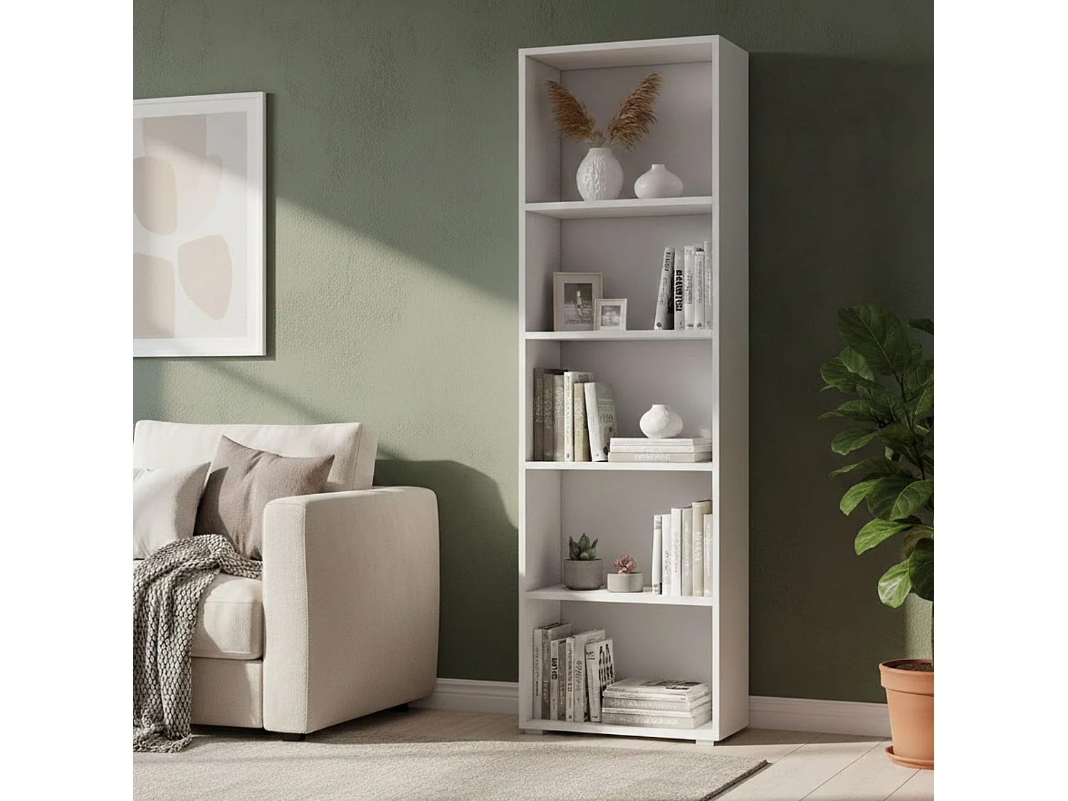 Dedjoum boekenkast, Bibliotheek met 4 verstelbare planken, Boekenplank, Bovenkast met planken, 100% Made in Italy, 60x30h195 cm, Wit