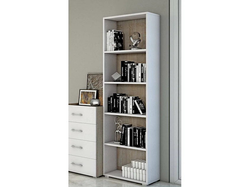Bibliothèque Dedjoum, Bibliothèque avec 4 étagères réglables, Étagère à livres, Élément mural avec étagères, 100% Made in Italy, 60x30h195 cm, Blanc et Chêne