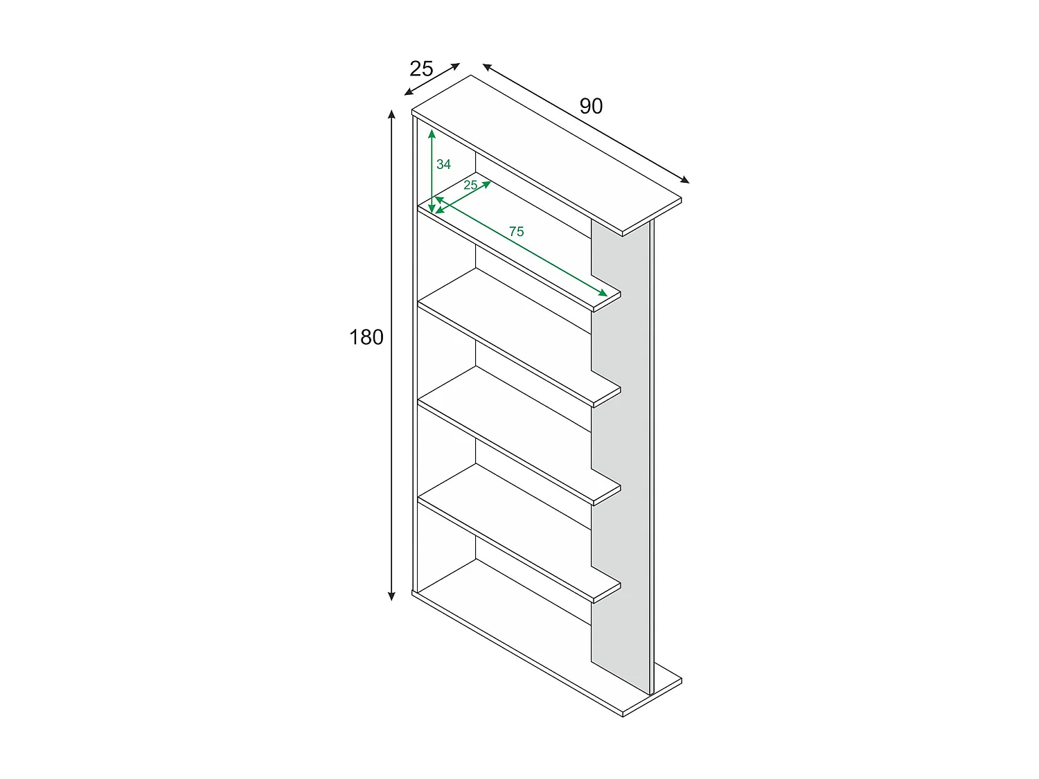 Dblanc Boekenkast, Dubbelzijdige boekenkast met 5 planken, Verdeelplank voor kantoor of slaapkamer, 90x25h180 cm, Wit en Cement