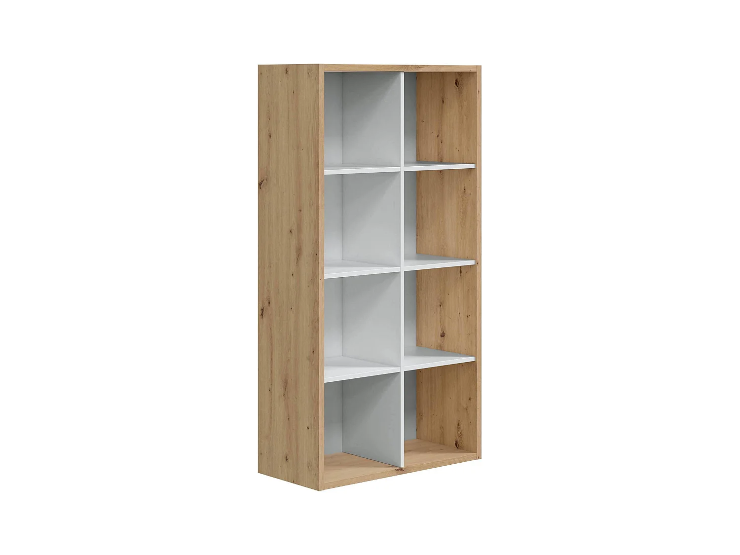 Bibliothèque Dmarini, Bibliothèque réversible à 8 compartiments, Meuble TV multi-positions, 72x33h137 cm, Chêne effet noeud et Blanc