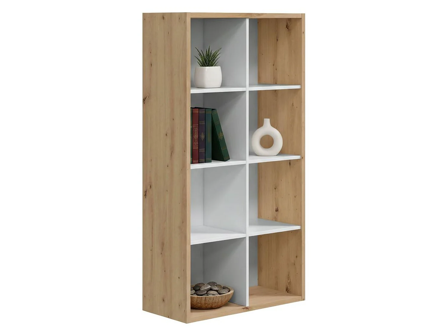 Bibliothèque Dmarini, Bibliothèque réversible à 8 compartiments, Meuble TV multi-positions, 72x33h137 cm, Chêne effet noeud et Blanc