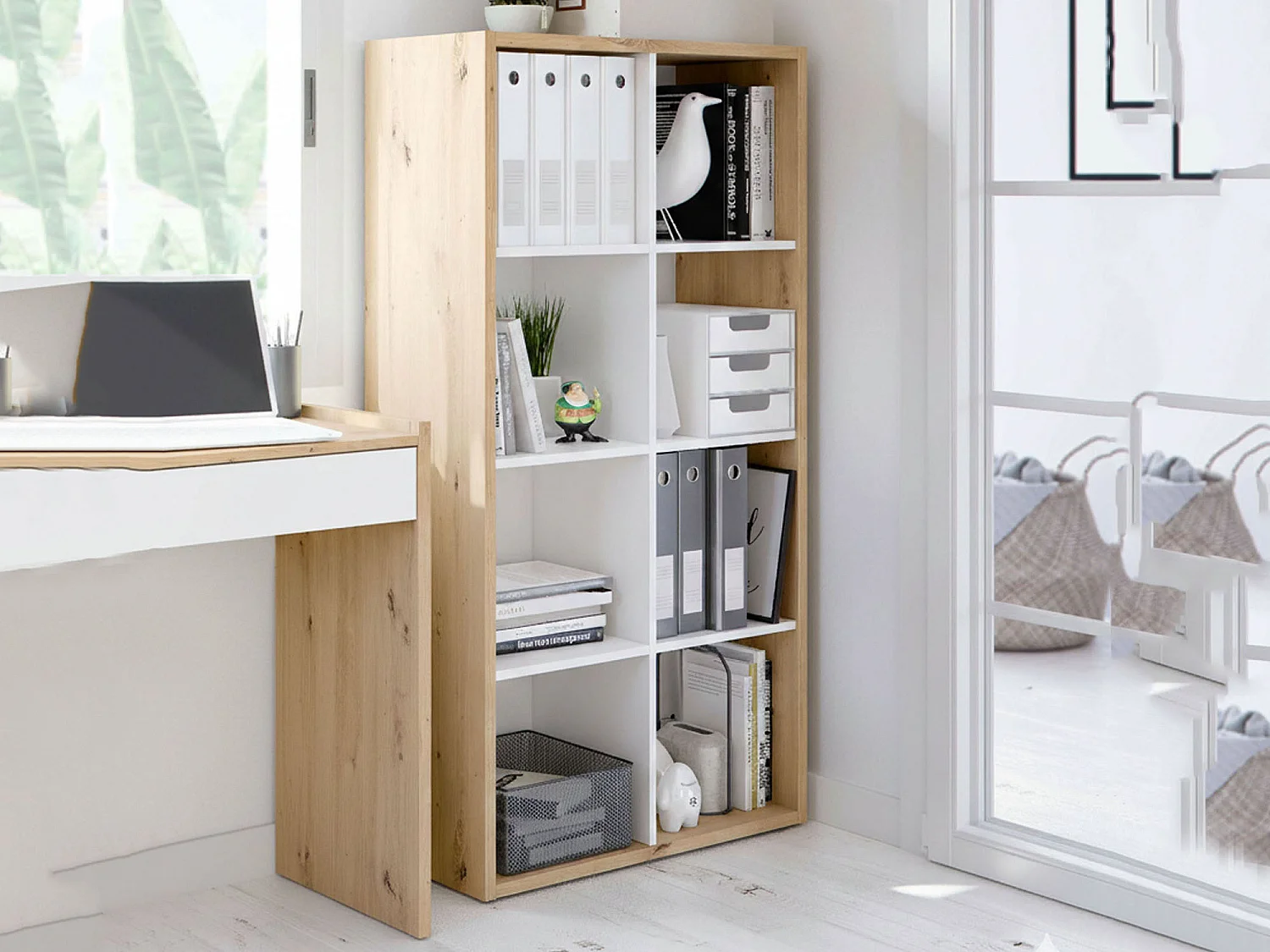 Bibliothèque Dmarini, Bibliothèque réversible à 8 compartiments, Meuble TV multi-positions, 72x33h137 cm, Chêne effet noeud et Blanc