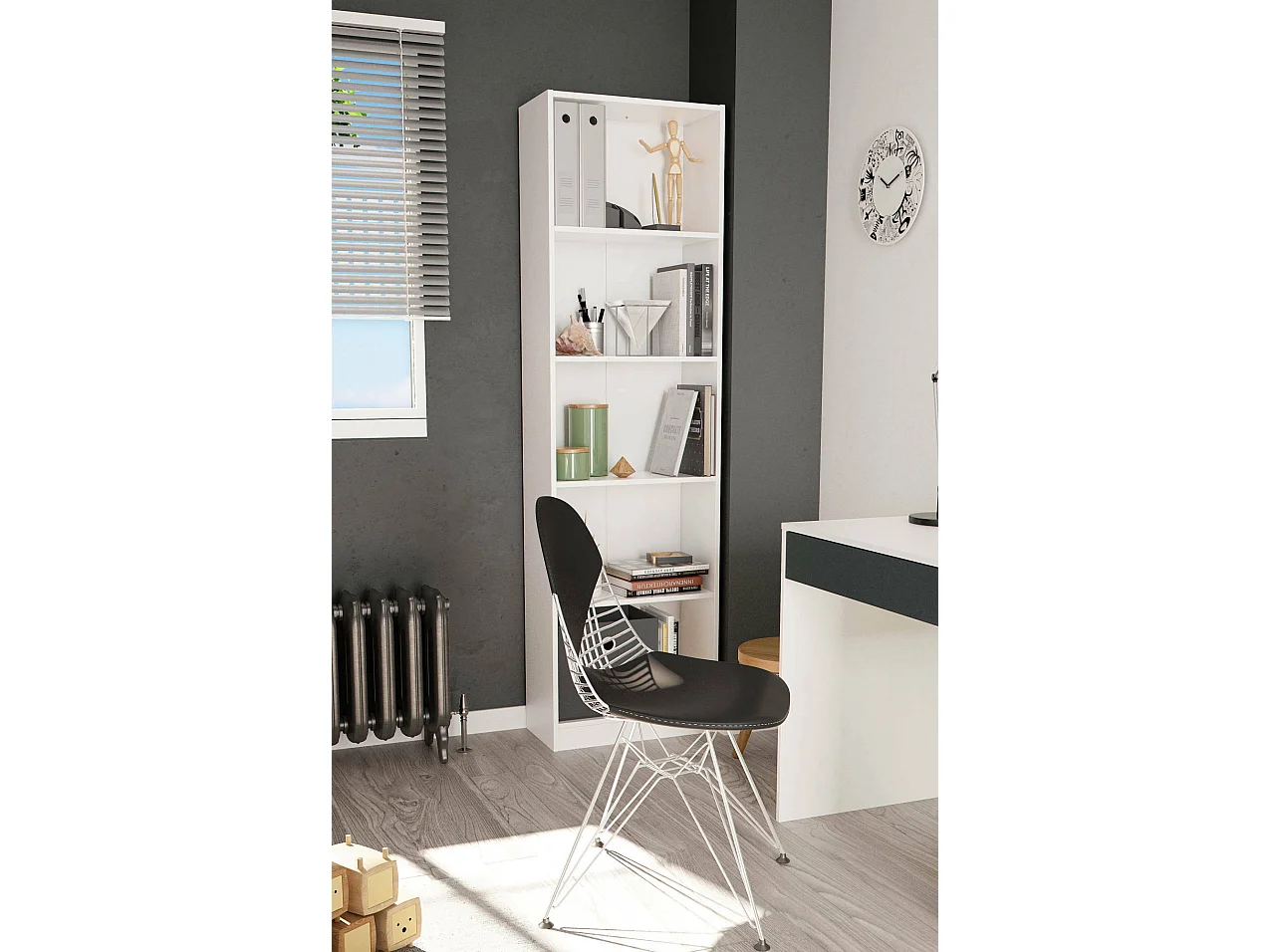 Bibliothèque Dmacagg, Bibliothèque haute avec 5 étagères, Etagère de bureau ou de chambre, Etagère moderne avec compartiments, 52x25h80 cm, Blanc