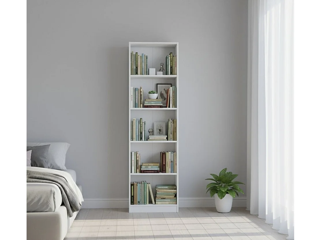 Bibliothèque Dmacagg, Bibliothèque haute avec 5 étagères, Etagère de bureau ou de chambre, Etagère moderne avec compartiments, 52x25h80 cm, Blanc