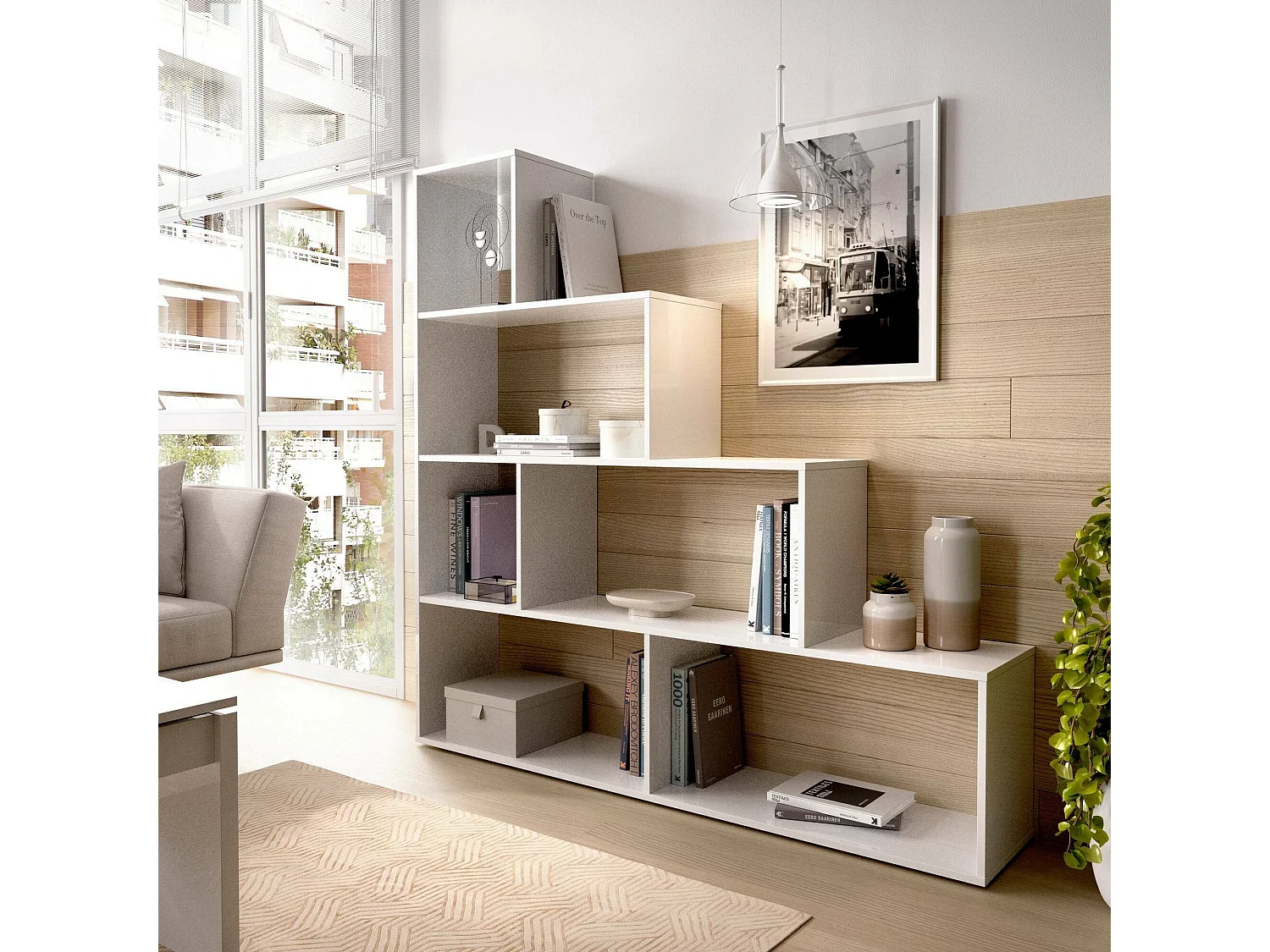 Dmora Boekenkast Orsaro 29x145x145h cm Wit Glanzend 6 Planken, Te Gebruiken Als Kamerscherm, Bibliotheek Houtstructuur