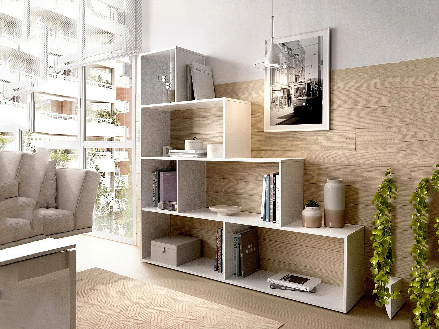 Dmora Boekenkast Orsaro 29x145x145h cm Wit Glanzend 6 Planken, Te Gebruiken Als Kamerscherm, Bibliotheek Houtstructuur