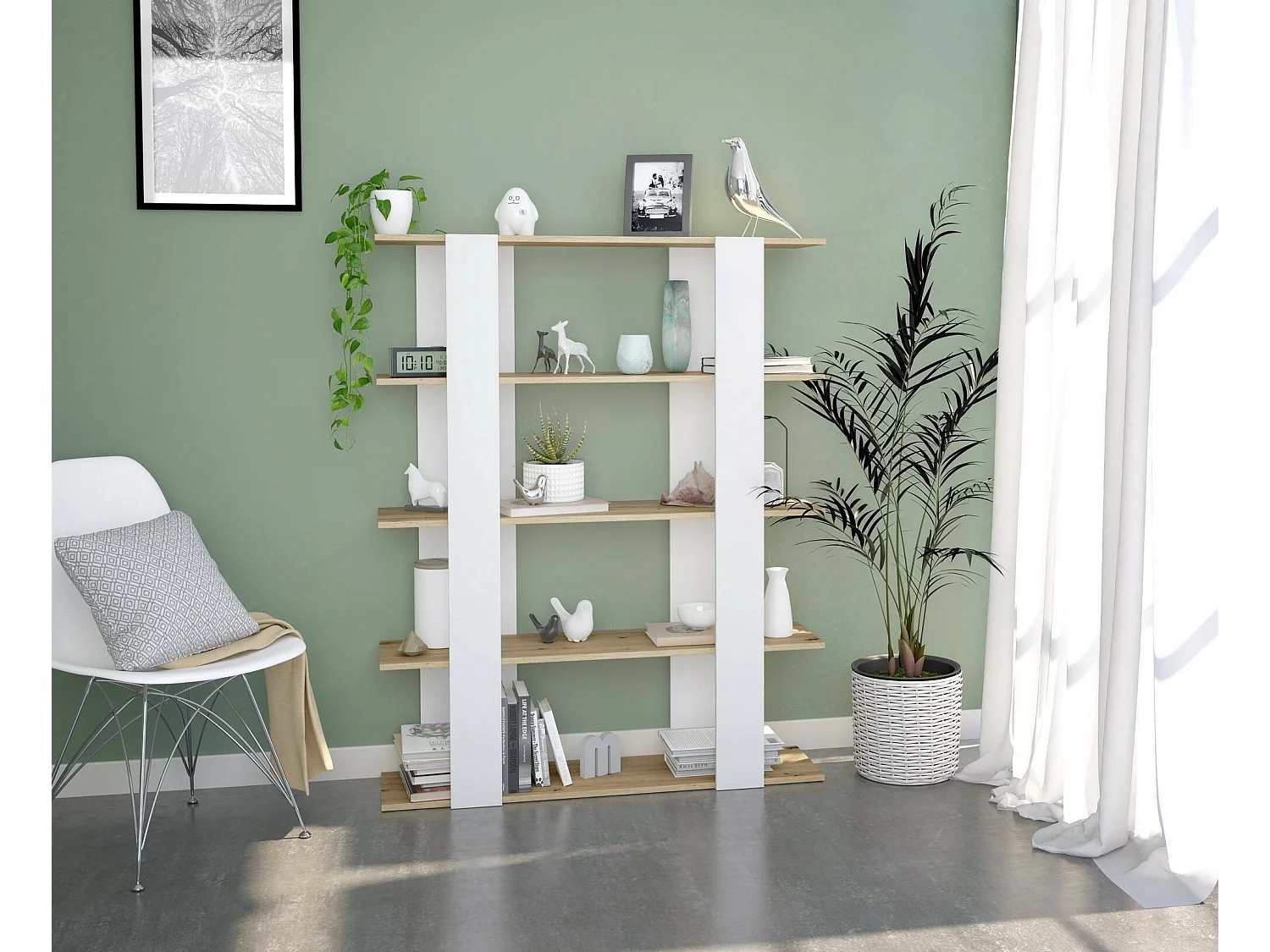 Estante Watervliet, Estante de escritório com 5 prateleiras, Estante, Biblioteca, 108x31h136 cm, Carvalho Atado e Branco Brilhante