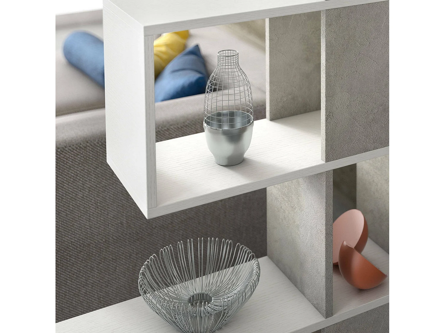 Dmora - Bibliothèque Allison, 145 x 29 x h 145 cm, blanc, ciment, Panneau effet bois