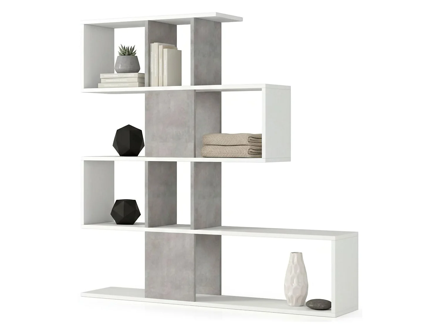 Dfav boekenkast, Dubbelzijdige bibliotheek met 5 planken, Zigzag plank voor boeken, Bovenkast met planken, 100% Made in Italy, 145x29h145 cm, Wit en Cement