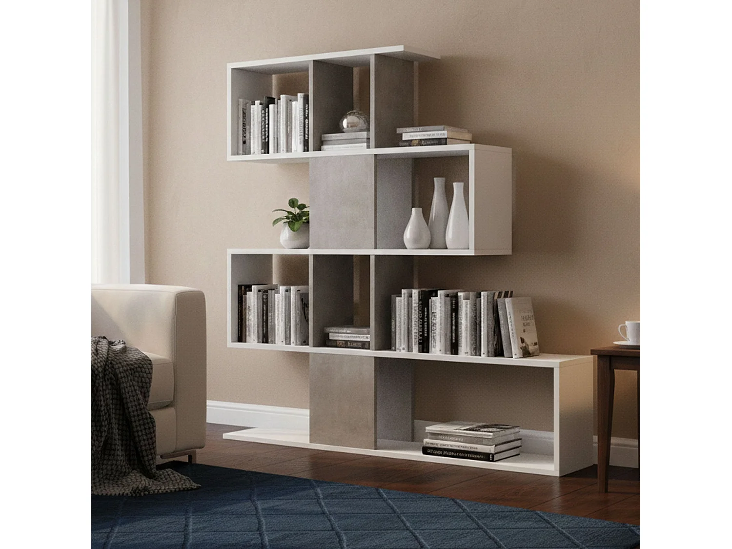 Dfav boekenkast, Dubbelzijdige bibliotheek met 5 planken, Zigzag plank voor boeken, Bovenkast met planken, 100% Made in Italy, 145x29h145 cm, Wit en Cement