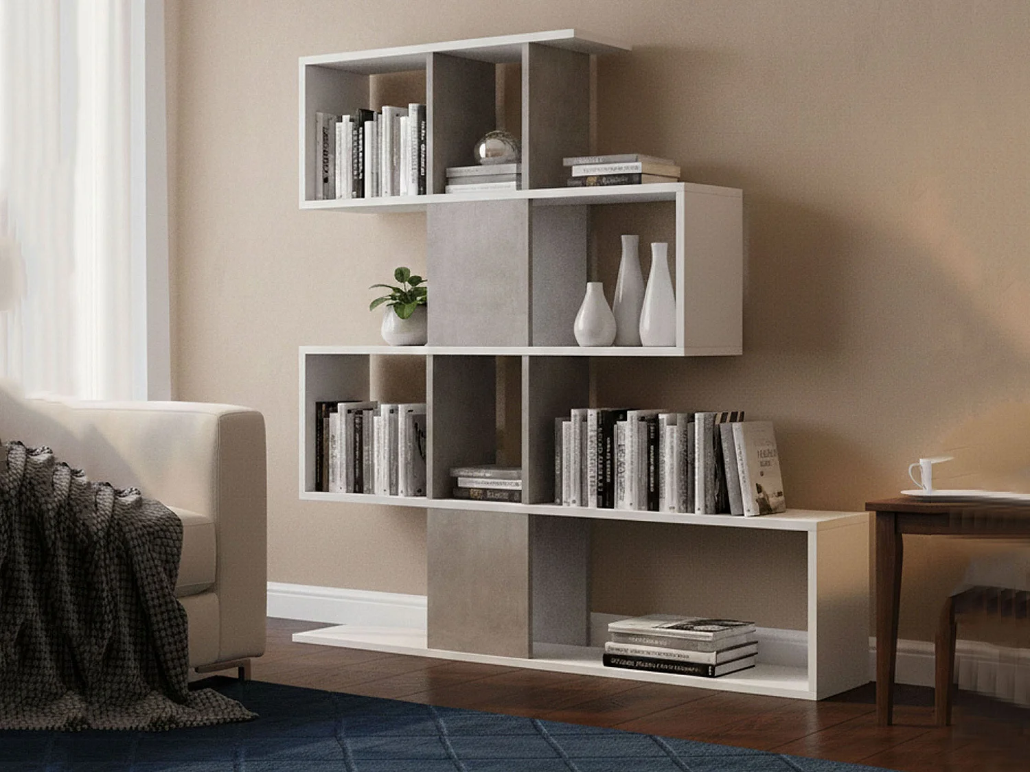 Dfav boekenkast, Dubbelzijdige bibliotheek met 5 planken, Zigzag plank voor boeken, Bovenkast met planken, 100% Made in Italy, 145x29h145 cm, Wit en Cement