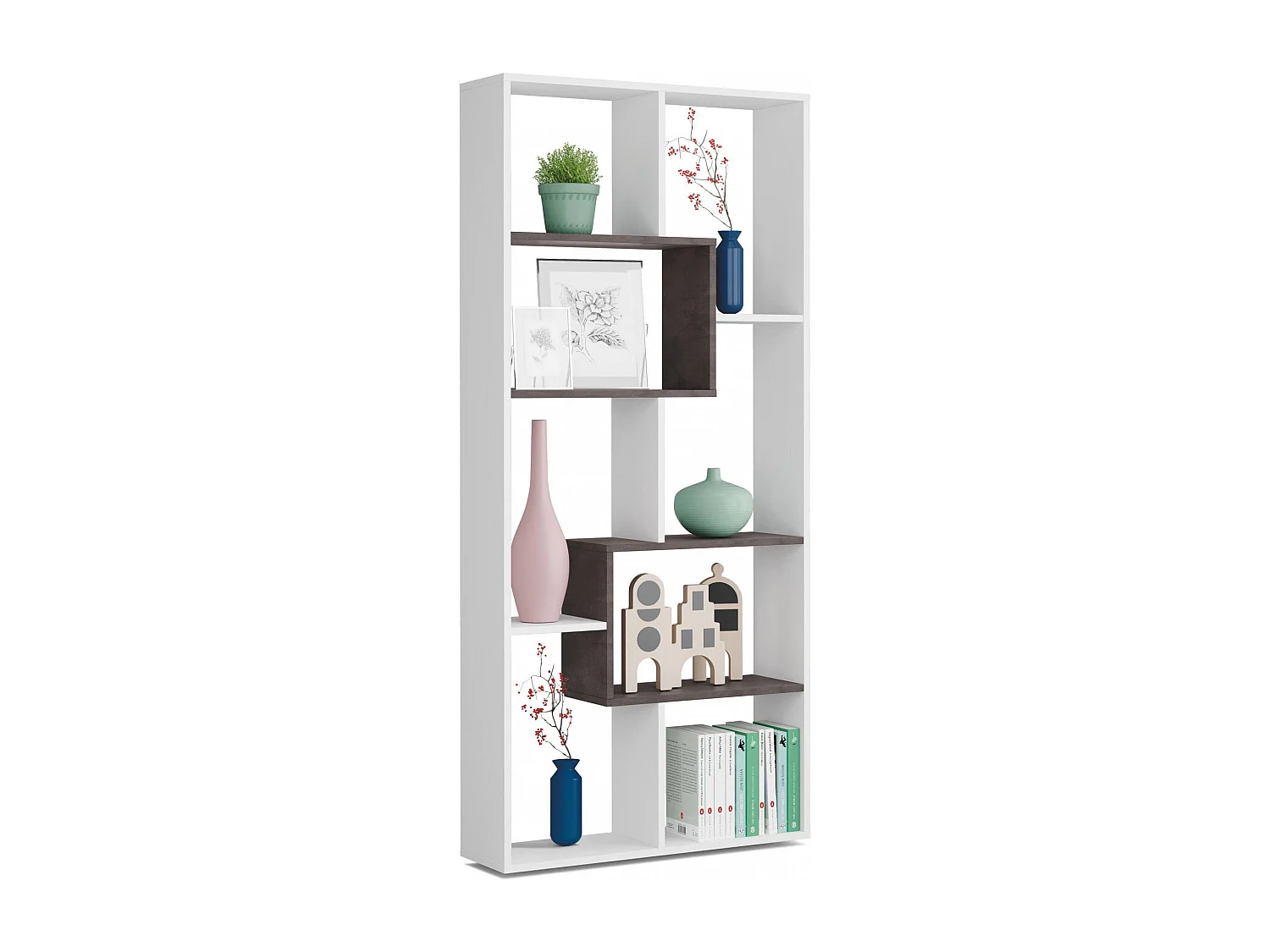 Bibliothèque Ddemira, Bibliothèque multi-positions avec 8 compartiments, Etagère de bureau, Etagère de séparation de pièce, 80x25h180 cm, Blanc et Oxyde