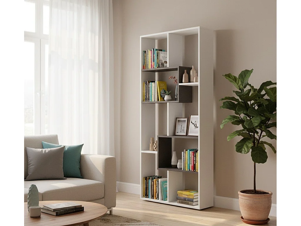 Ddemira boekenkast, Multi-positie boekenkast met 8 vakken, Kantoorplank, Ruimteverdelerplank, 80x25h180 cm, Wit en Oxide