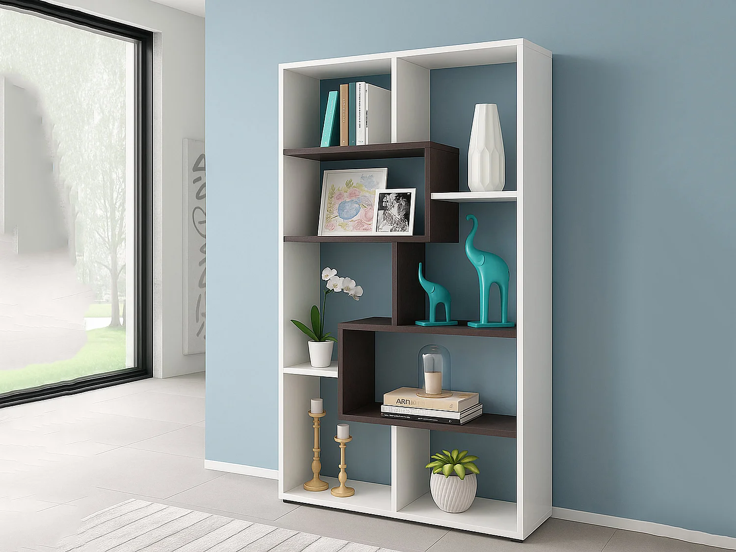 Bibliothèque Ddemira, Bibliothèque multi-positions avec 8 compartiments, Etagère de bureau, Etagère de séparation de pièce, 80x25h180 cm, Blanc et Oxyde