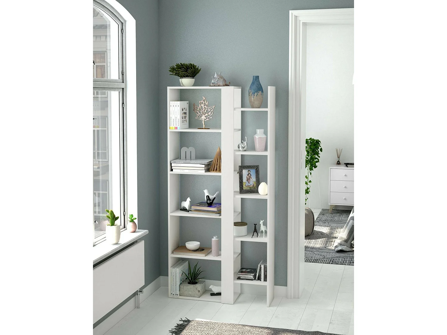 Bücherregal Waukegan, Büroregal mit 11 Regalen, Bücherregal, Bibliothek, 78x25h162 cm, glänzend weiÃŸ