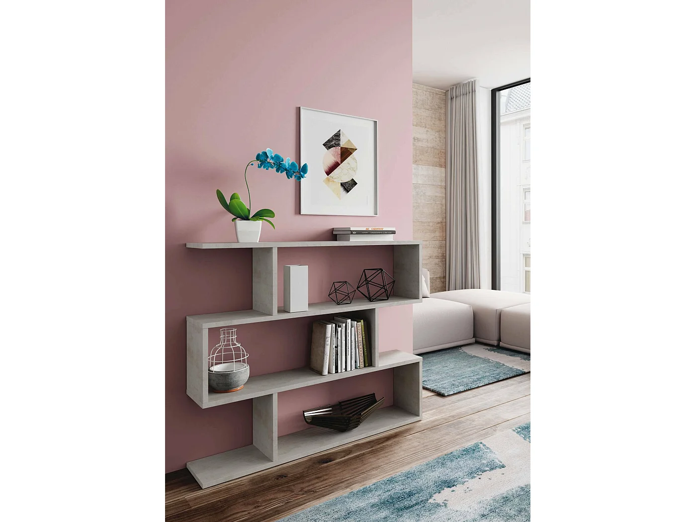 Dfanes boekenkast, Lage dubbelzijdige boekenkast, Plank met drie vakken, Moderne kantoorplank, 110x24h97 cm, Betongrijs