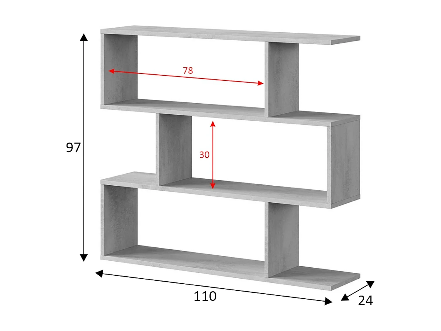 Dfanes boekenkast, Lage dubbelzijdige boekenkast, Plank met drie vakken, Moderne kantoorplank, 110x24h97 cm, Betongrijs