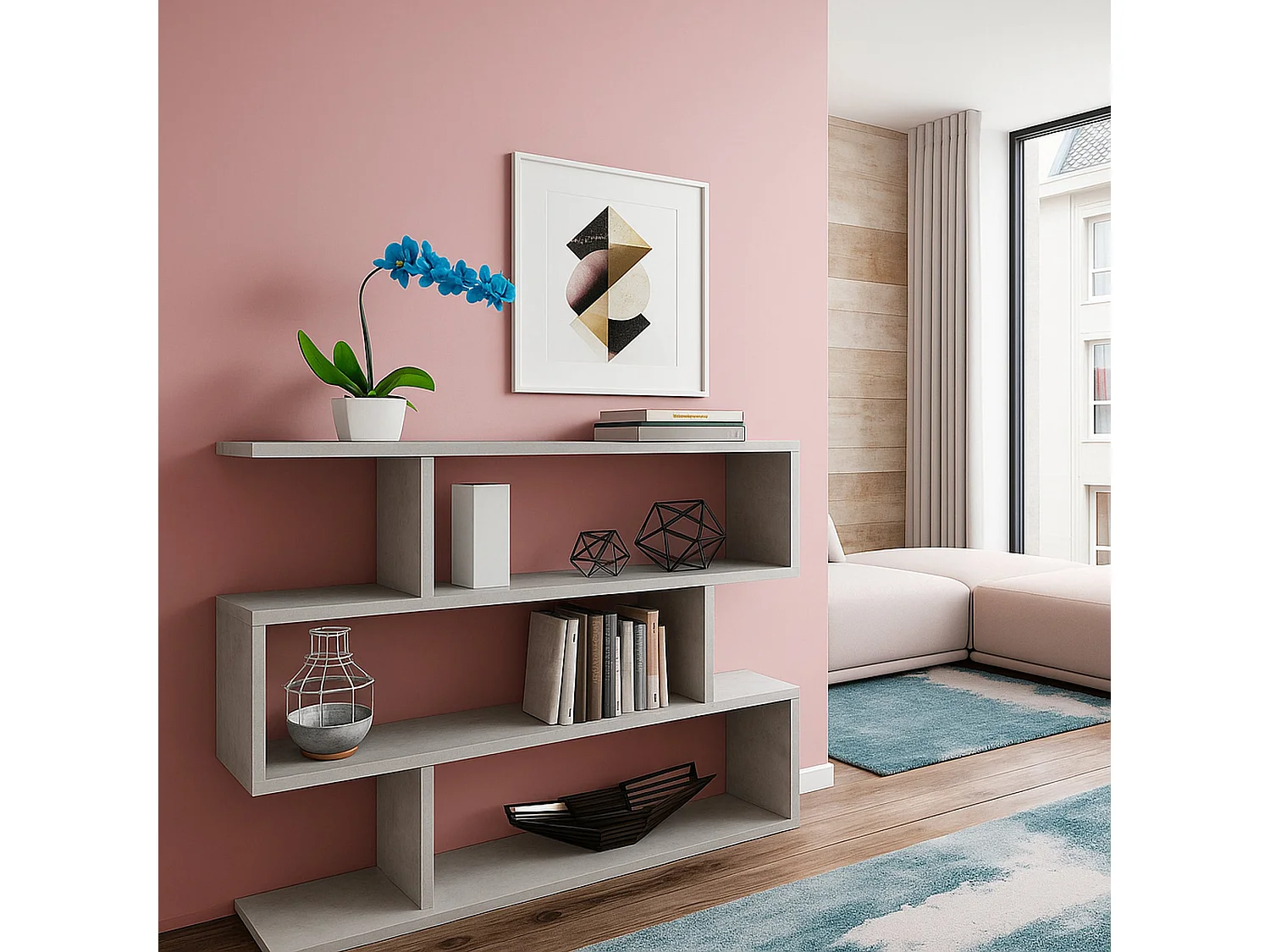Bibliothèque Dfanes, Bibliothèque basse double face, Etagère à trois compartiments, Etagère de bureau moderne, 110x24h97 cm, Gris béton