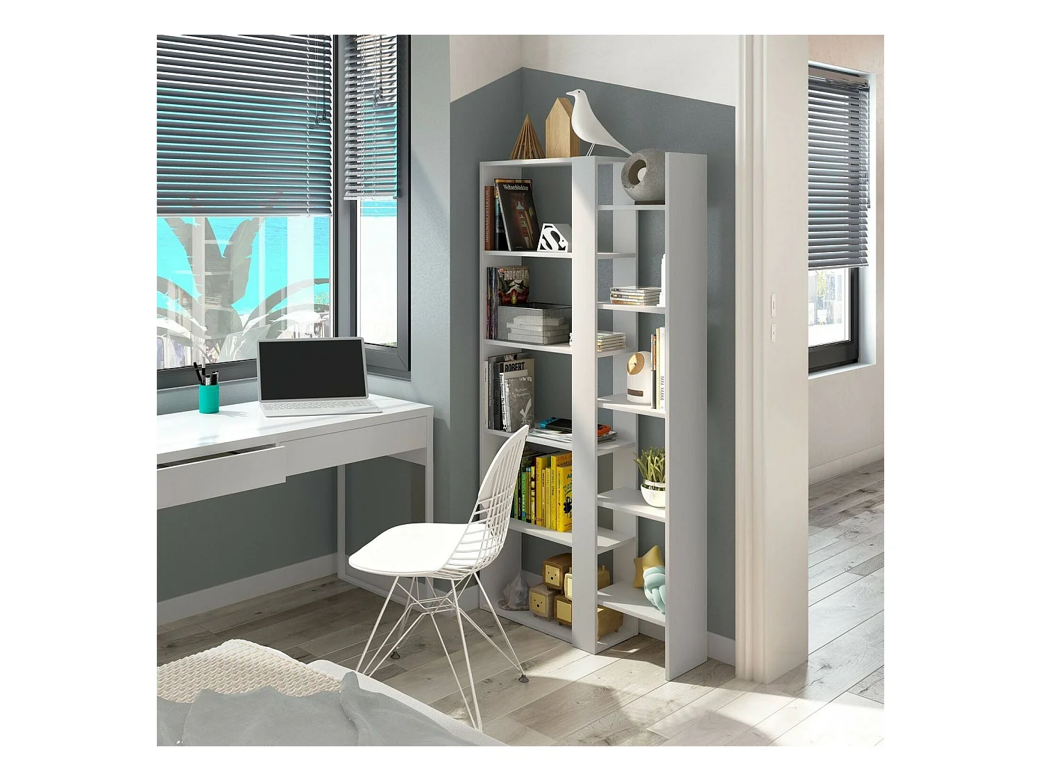 Bücherregal Dnovella, Büroregal mit 11 Regalen, Bücherregal, Bibliothek, 78x25h162 cm, glänzend weiÃŸ