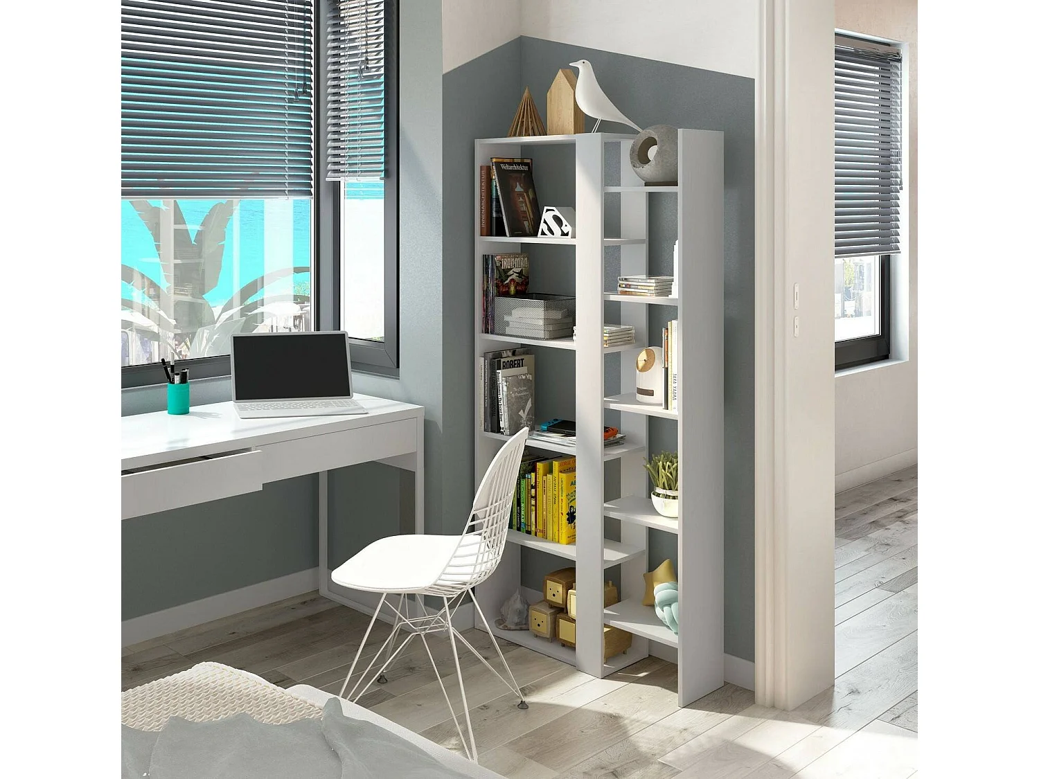 Bücherregal Dnovella, Büroregal mit 11 Regalen, Bücherregal, Bibliothek, 78x25h162 cm, glänzend weiÃŸ