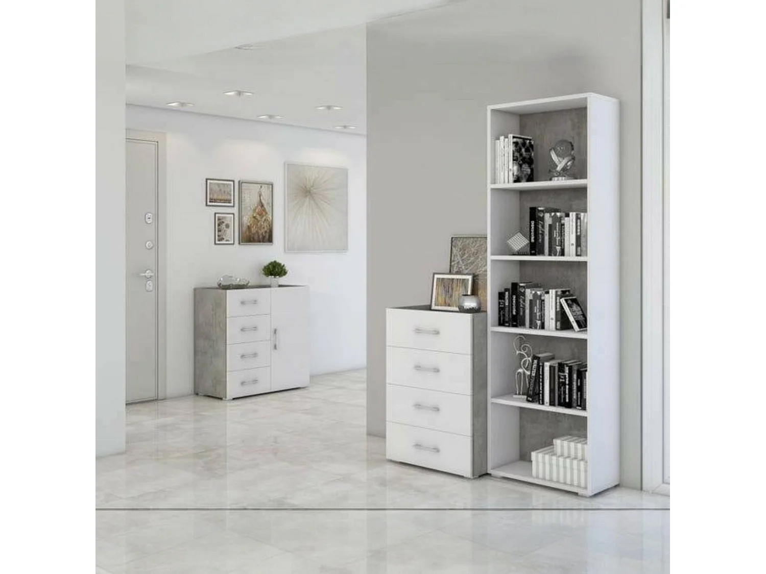 Bibliothèque Dedjoum, Bibliothèque avec 4 étagères réglables, Étagère à livres, Élément mural avec étagères, 100% Made in Italy, 60x30h195 cm, Blanc et Ciment