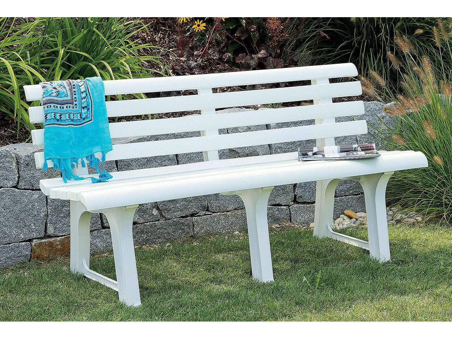 Banco de exterior Pomezia, Banco de jardim monobloco, Banco de exterior, 100% Fabricado em Itália, 145x49h74 cm, Branco