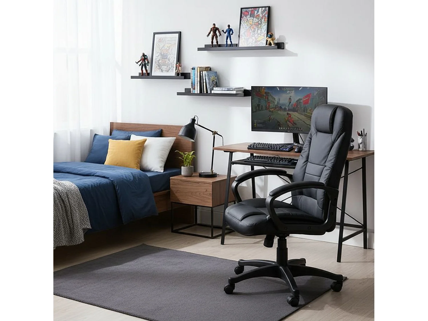 Bürostuhl Dubbo, Präsidentensessel mit Armlehnen, Ergonomischer Bürostuhl, 70x65h103/114 cm, Schwarz