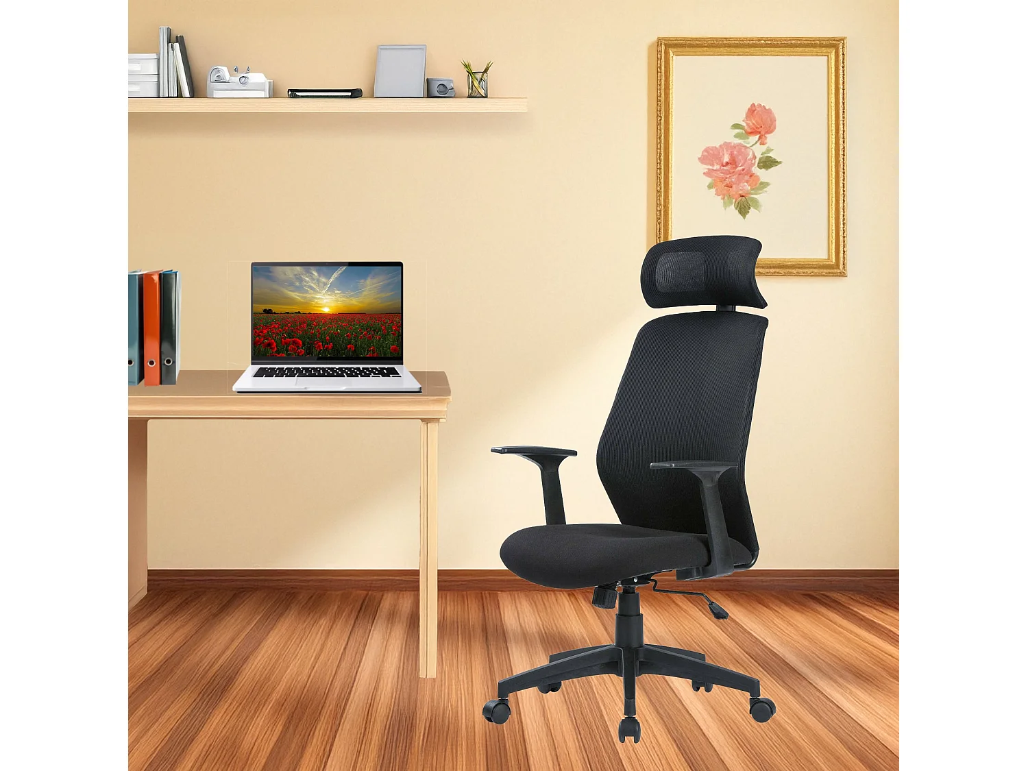 Silla de oficina Brisbane, Sillón presidencial con reposabrazos y reposacabezas, Silla de oficina ergonómica, 63x62h117/126 cm, Negro