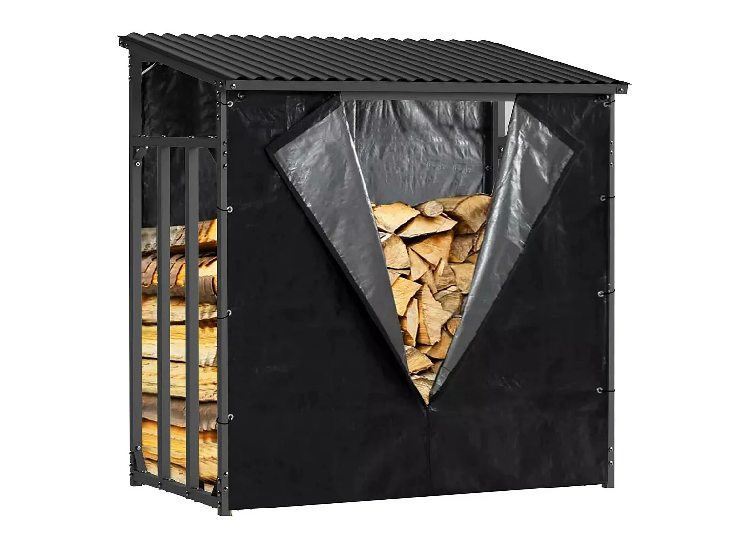 Abri à Bûches Extérieur Gardiun Wood Shed I 143x70x145cm Acier Galvanisé avec Couverture Imperméable, Bâche et Support Inférieur