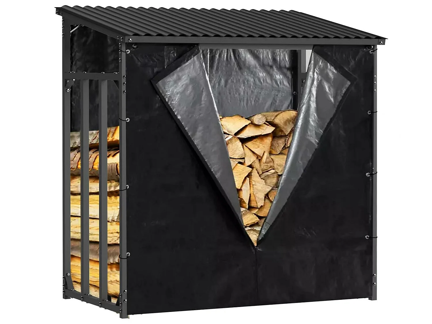 Abri à Bûches Extérieur Gardiun Wood Shed I 143x70x145cm Acier Galvanisé avec Couverture Imperméable, Bâche et Support Inférieur