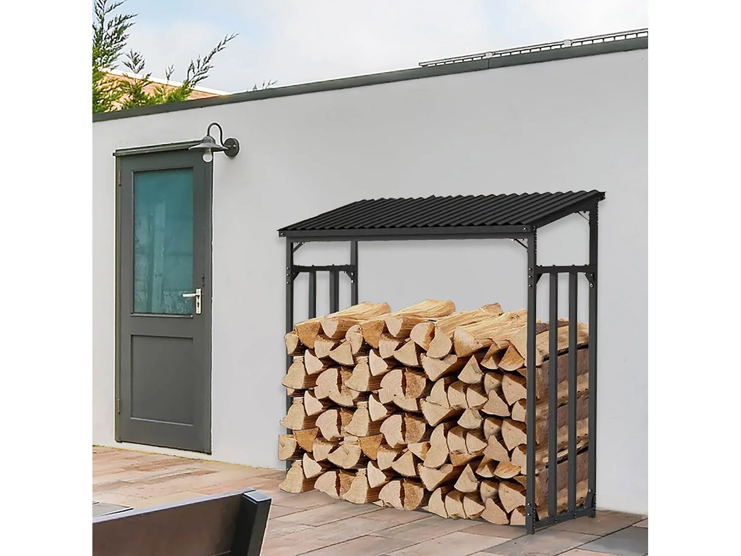 Abri à Bûches Extérieur Gardiun Wood Shed I 143x70x145cm Acier Galvanisé avec Couverture Imperméable, Bâche et Support Inférieur