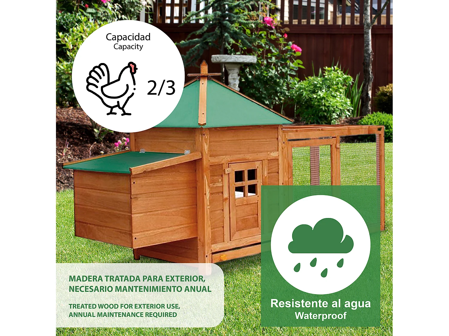 Pollaio in Legno e Metallo Zincato Gardiun Indiana 73x196x99 cm per 2 Galline con Rampa e Due Posatoi Tetto a 4 Falde