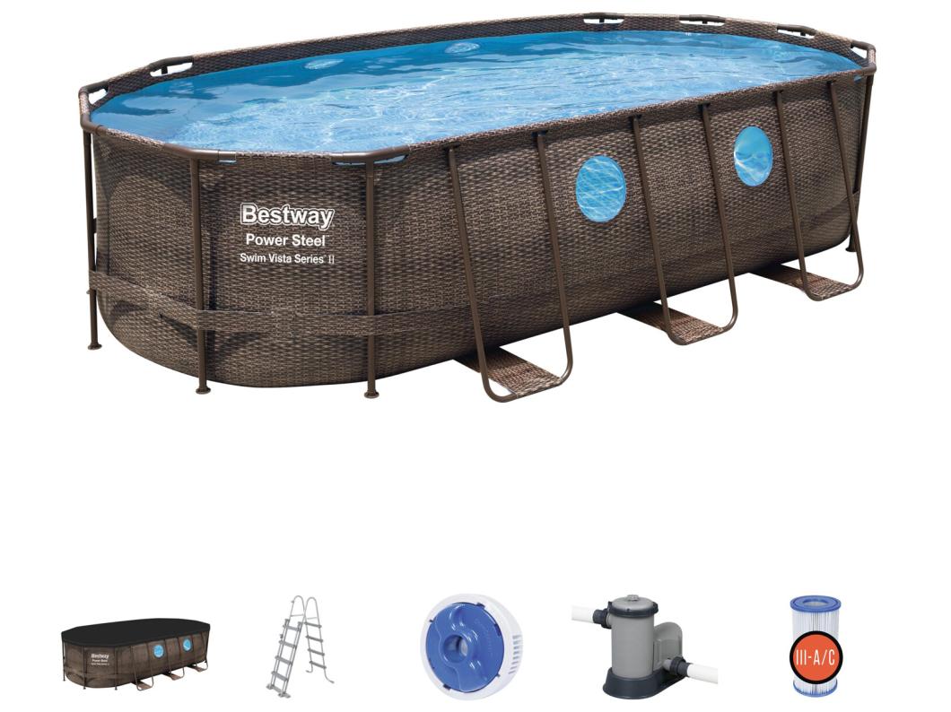Piscina Desmontable Tubular Bestway Power Steel Oval Diseño Ratán 549x274x122 cm con Depuradora Cartucho 5.678 L/H