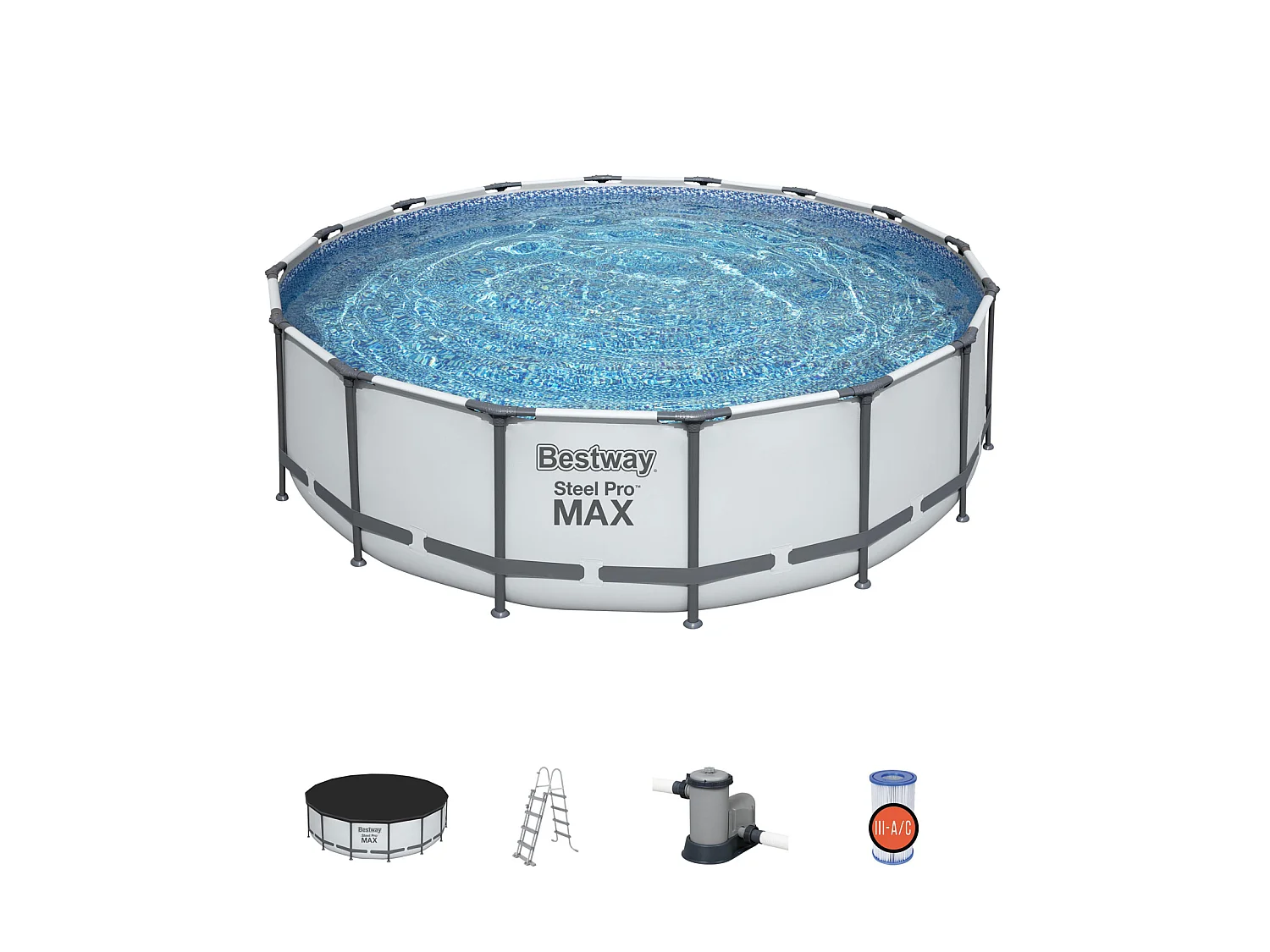 Piscina Fuori Terra Bestway Steel Pro Max 488x122 cm con Pompa Filtro a Cartuccia 5.678 L/H Copertura e Scaletta 488x122 cm