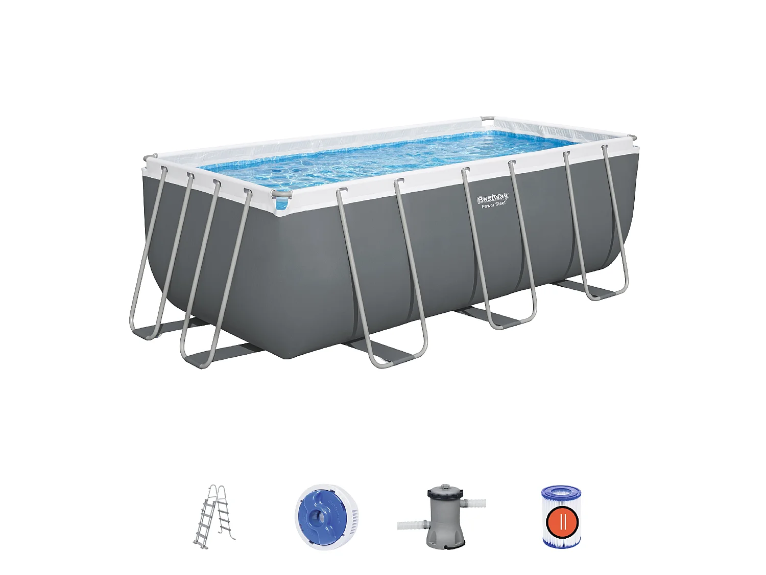 Piscine Tubulaire Rectangulaire Bestway Power Steel 412x201x122cm Filtre à Cartouche Échelle et Distributeur de Produits