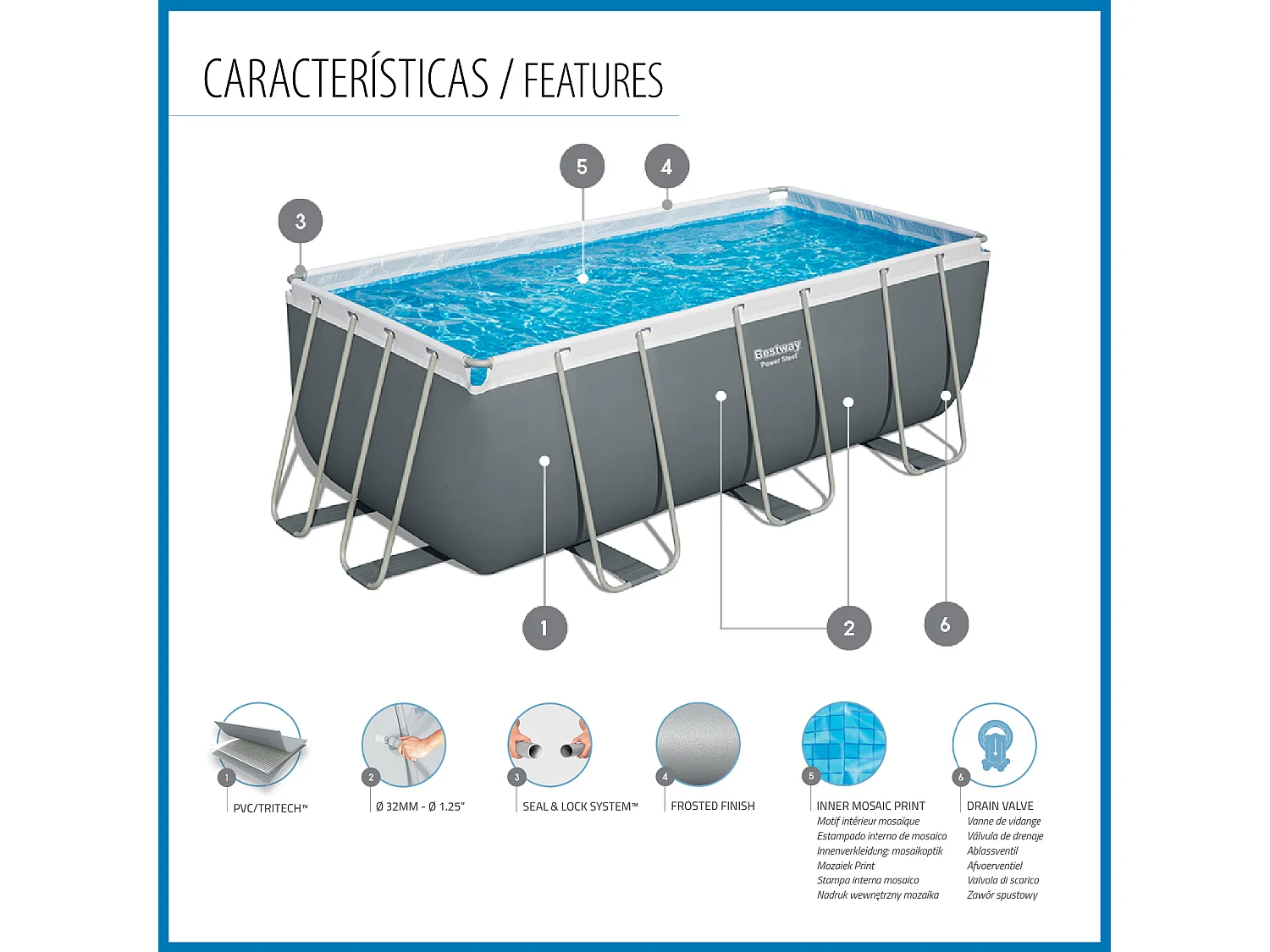 Piscine Tubulaire Rectangulaire Bestway Power Steel 412x201x122cm Filtre à Cartouche Échelle et Distributeur de Produits