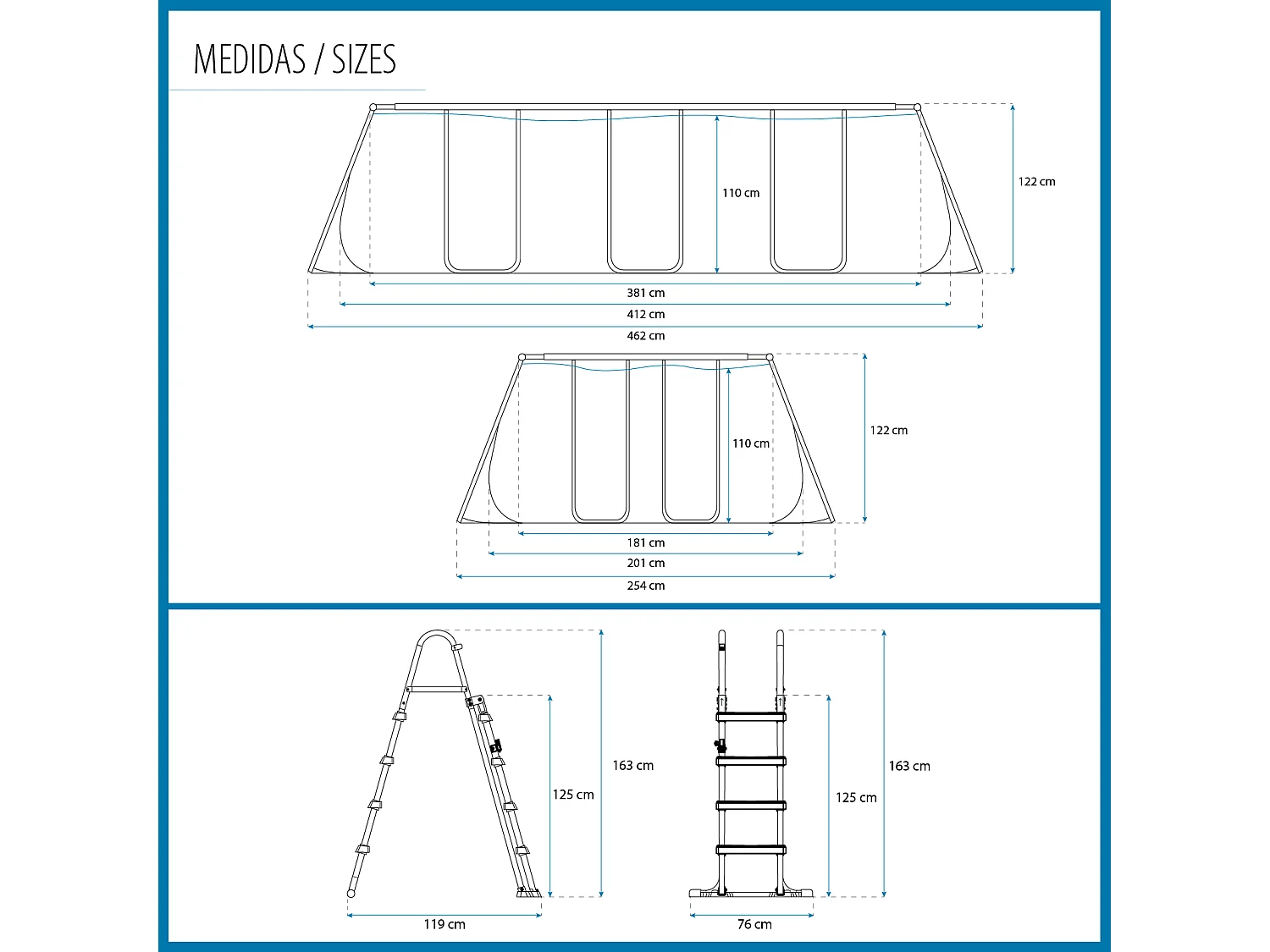 Piscine Tubulaire Rectangulaire Bestway Power Steel 412x201x122cm Filtre à Cartouche Échelle et Distributeur de Produits
