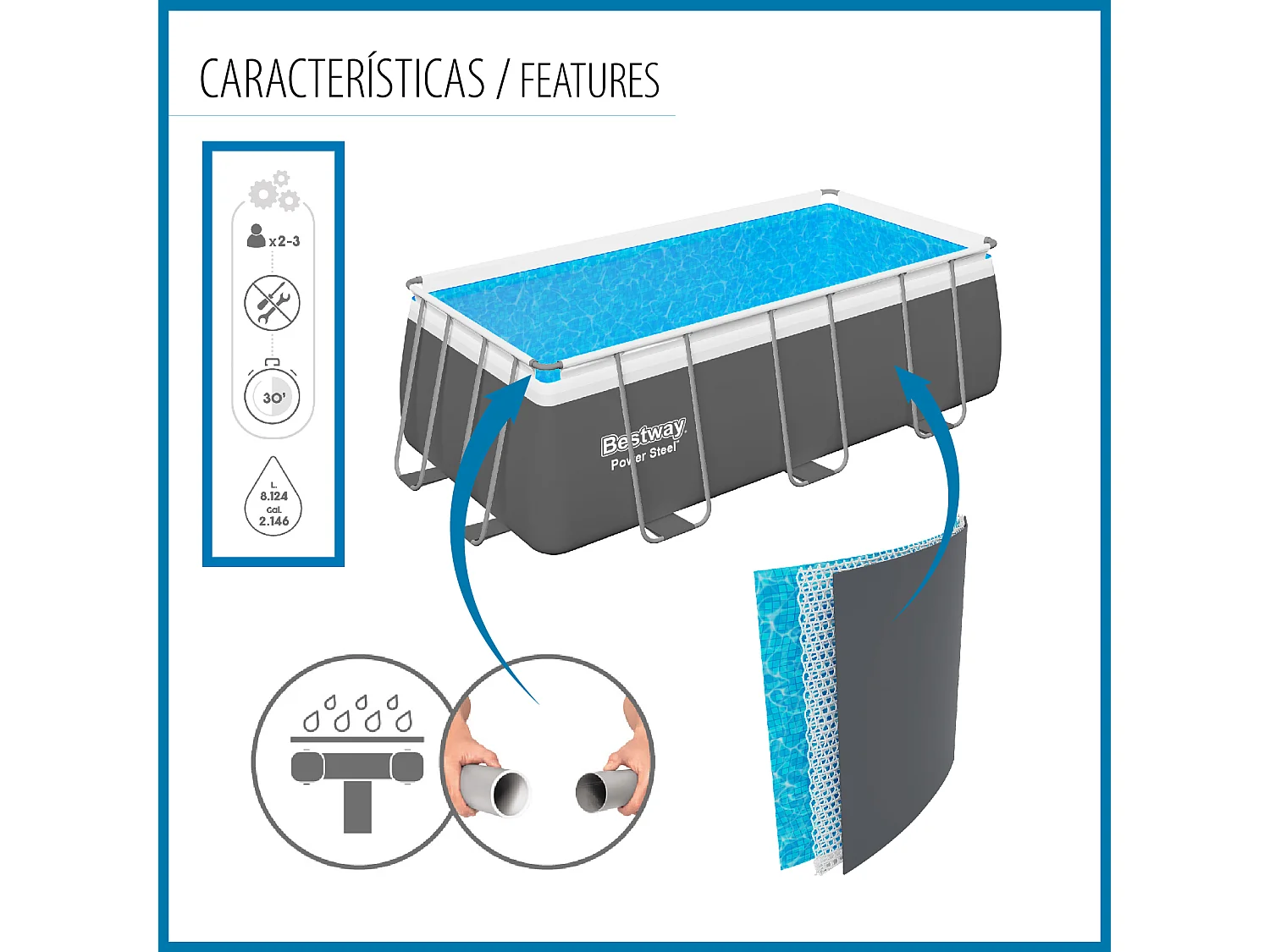 Piscine Tubulaire Rectangulaire Bestway Power Steel 412x201x122cm Filtre à Cartouche Échelle et Distributeur de Produits