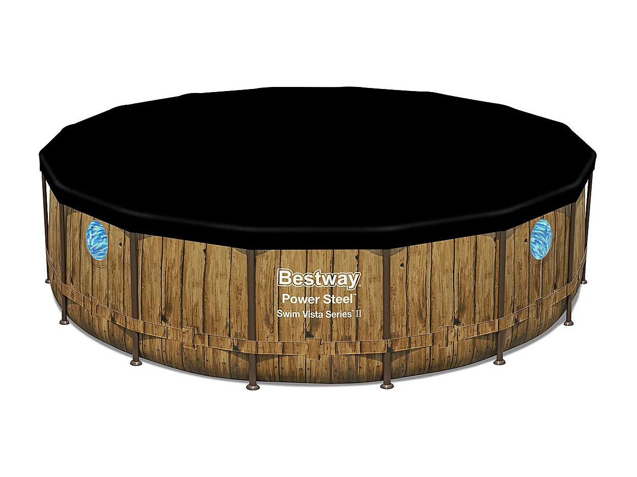 Piscina Desmontable Tubular Bestway Power Steel Diseño Madera 488x122 cm Depuradora Cartucho 5.678 L/H Cobertor y Escalera