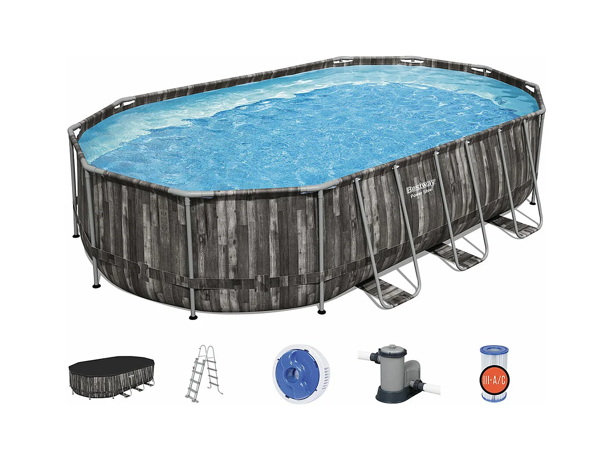 Piscine tubulaire Power Steel décor bois ovale 6,10 x 3,66 x 1,22 m - Bestway